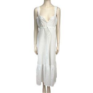 VINTAGE Cottagecore Cotton Empire Waist Swiss Dot Lace Trim Maxi White Nightgown